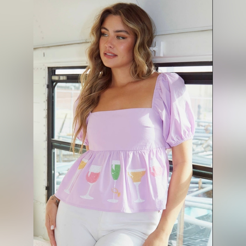 Peach Love California Lilac Puff Sleeve Peplum Top with Cocktail Embroidery